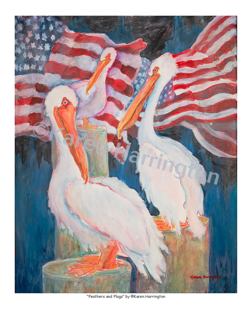 Feathers and Flags-(White Pelicans)- Limited Edition Giclée
